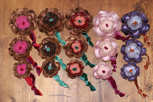 Bronze, Pink & Purple Shiny Leather Flower Hair Ties